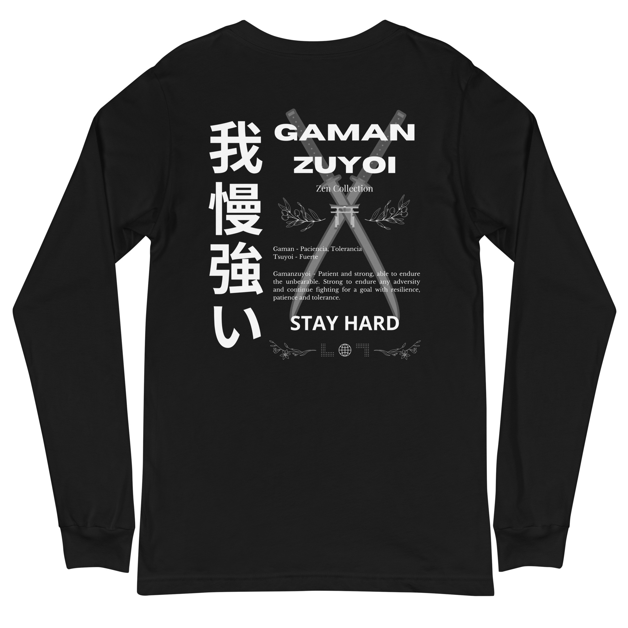 Camiseta de manga larga moldelo GamanZuyoi de GamanZuyoi Zen Collection color negro parte trasera