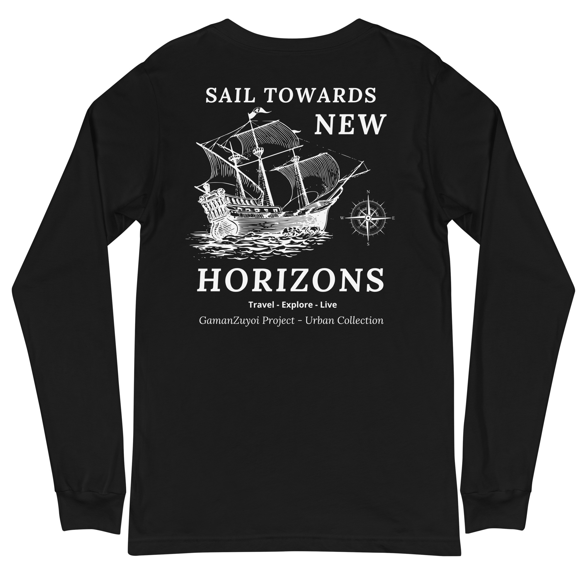 Camiseta de manga larga modelo New Horizons de GamanZuyoi Urban Collection color negro parte trasera