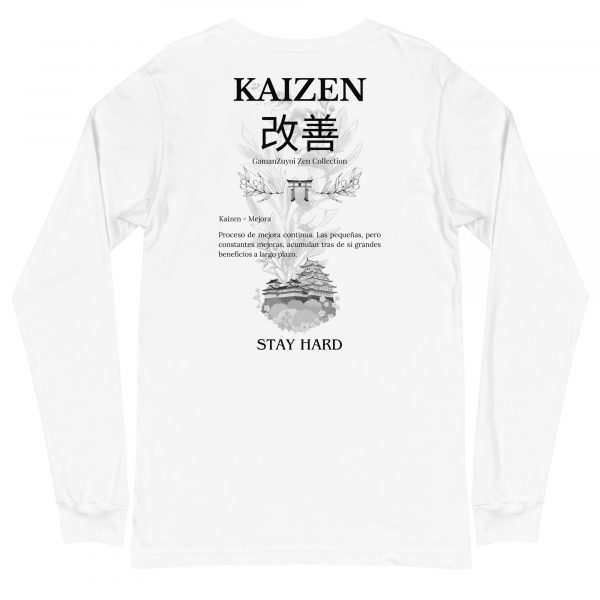 Camiseta de manga larga moldelo Kaizen de GamanZuyoi Zen Collection color blanco parte trasera