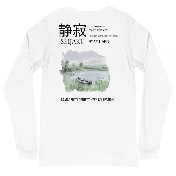 Camiseta de manga larga moldelo Seijaku de GamanZuyoi Zen Collection color blanco parte trasera
