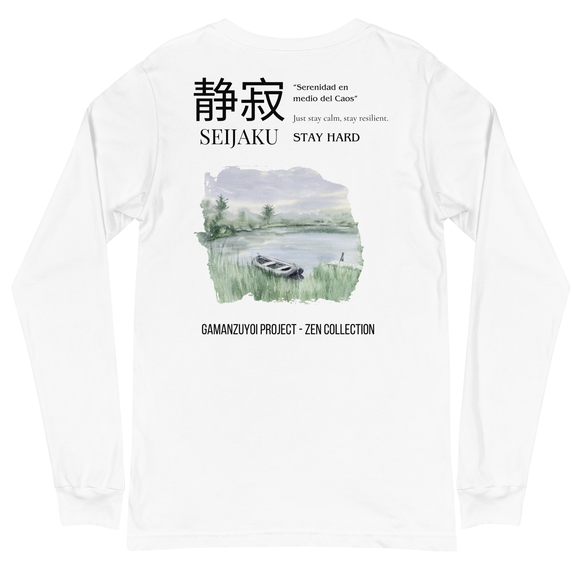 Camiseta de manga larga moldelo Seijaku de GamanZuyoi Zen Collection color blanco parte trasera
