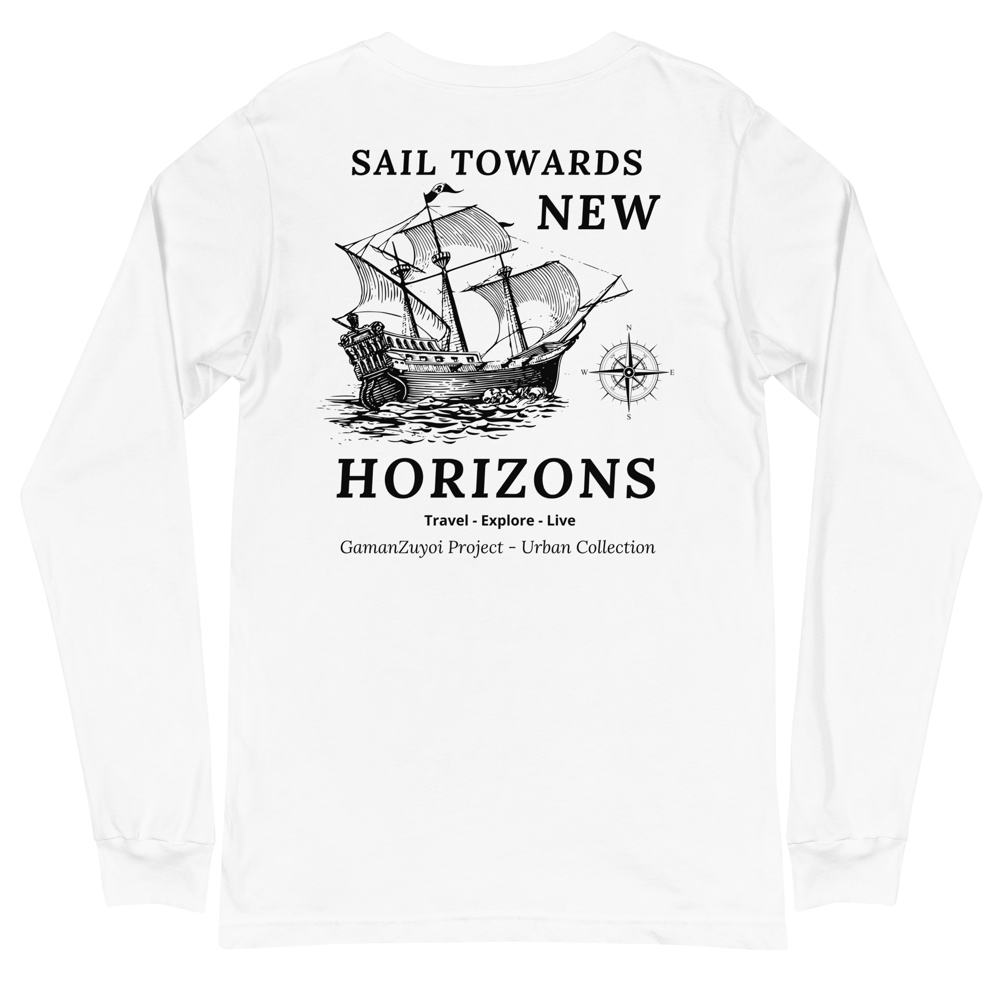 Camiseta de manga larga modelo New Horizons de GamanZuyoi Urban Collection color blanco parte trasera