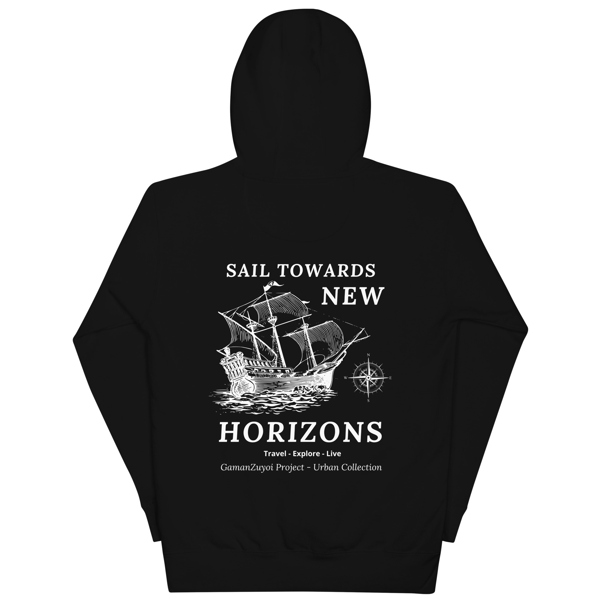 Sudadera con capucha Sail Towards New de GamanZuyoi Urban Collection color negro parte trasera