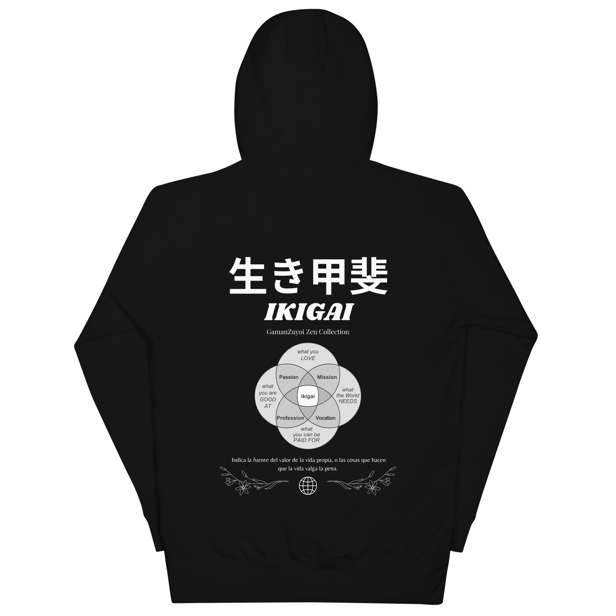 Sudadera con capucha Ikigai de GamanZuyoi Zen Collection color negro parte trasera
