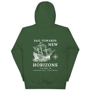 Sudadera con capucha Sail Towards New de GamanZuyoi Urban Collection color verde bosque parte trasera
