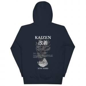 Sudadera con capucha Kaizen de GamanZuyoi Zen Collection color azul marino parte trasera