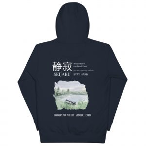 Sudadera con capucha Seijaku de GamanZuyoi Zen Collection color azul marino parte trasera