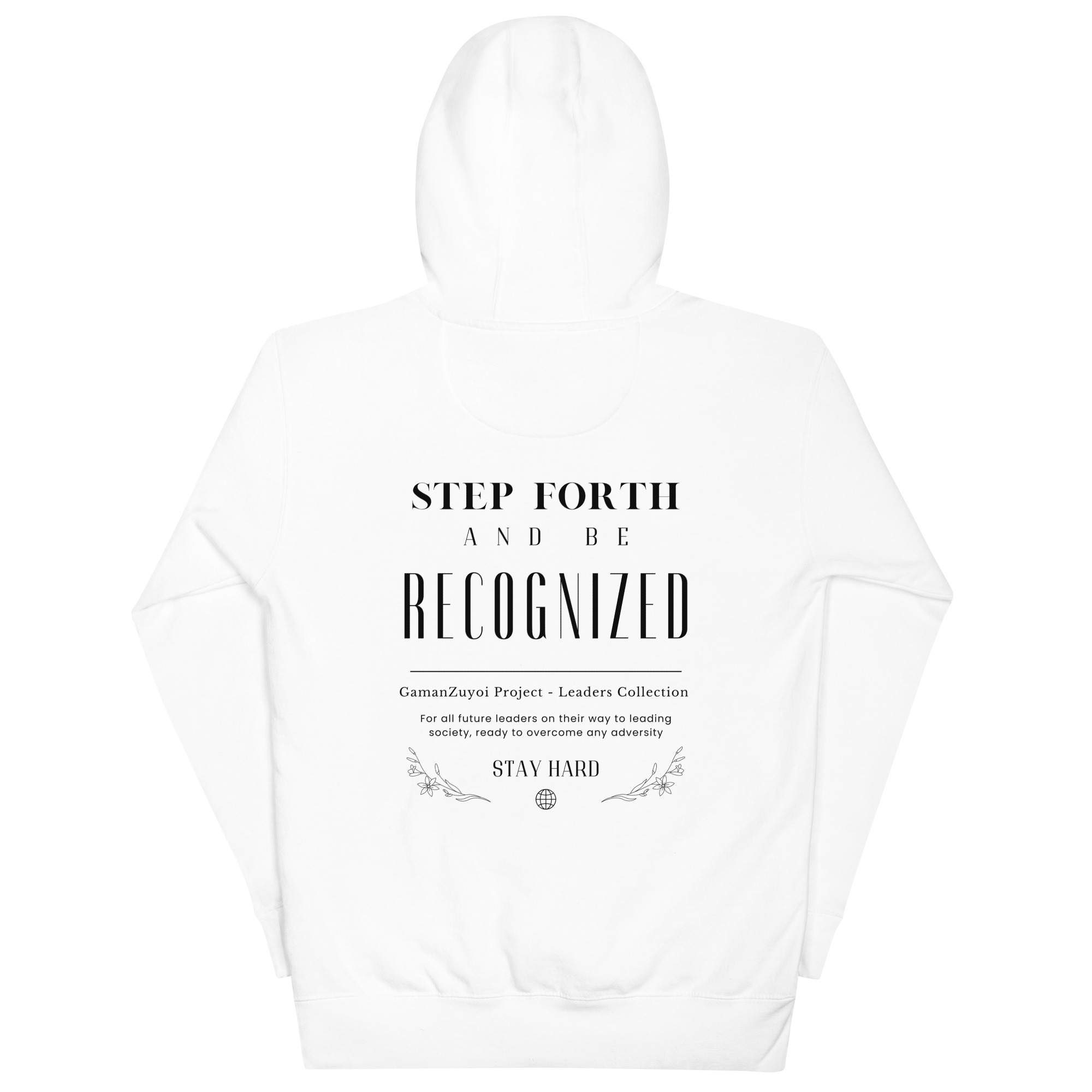 Sudadera con capucha Step Forth De GamanZuyoi Leader's Collection blanca parte trasera