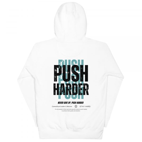 Sudadera con capucha Push Harder De GamanZuyoi Leader's Collection blanca parte trasera
