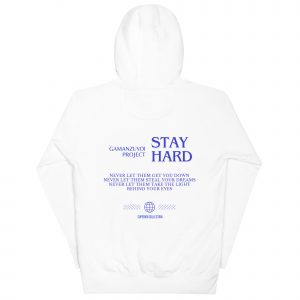 Sudadera con capucha Stay Hard de GamanZuyoi Superior Collection color blanco parte trasera