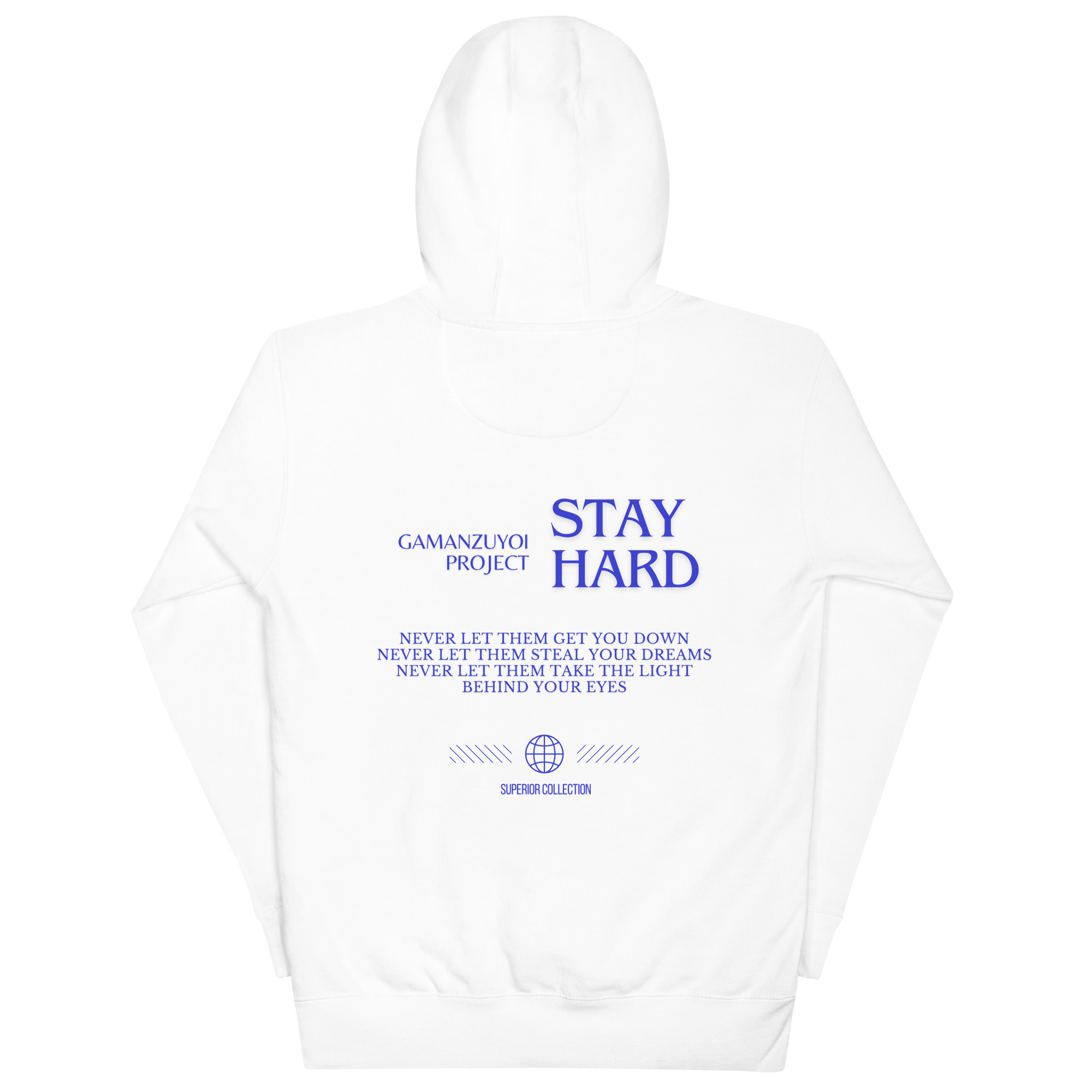 Sudadera con capucha Stay Hard de GamanZuyoi Superior Collection color blanco parte trasera