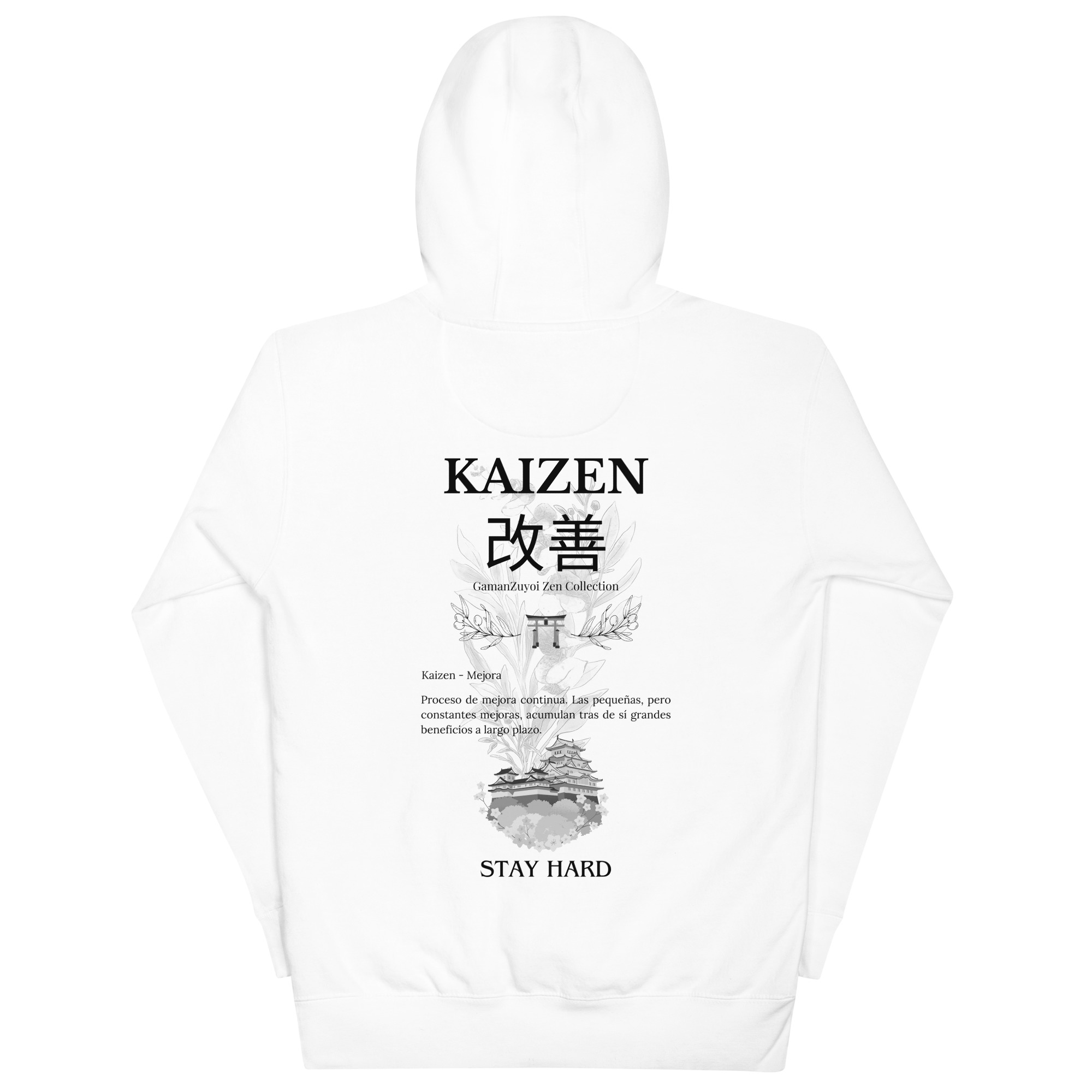 Sudadera con capucha Kaizen de GamanZuyoi Zen Collection color blanco parte trasera