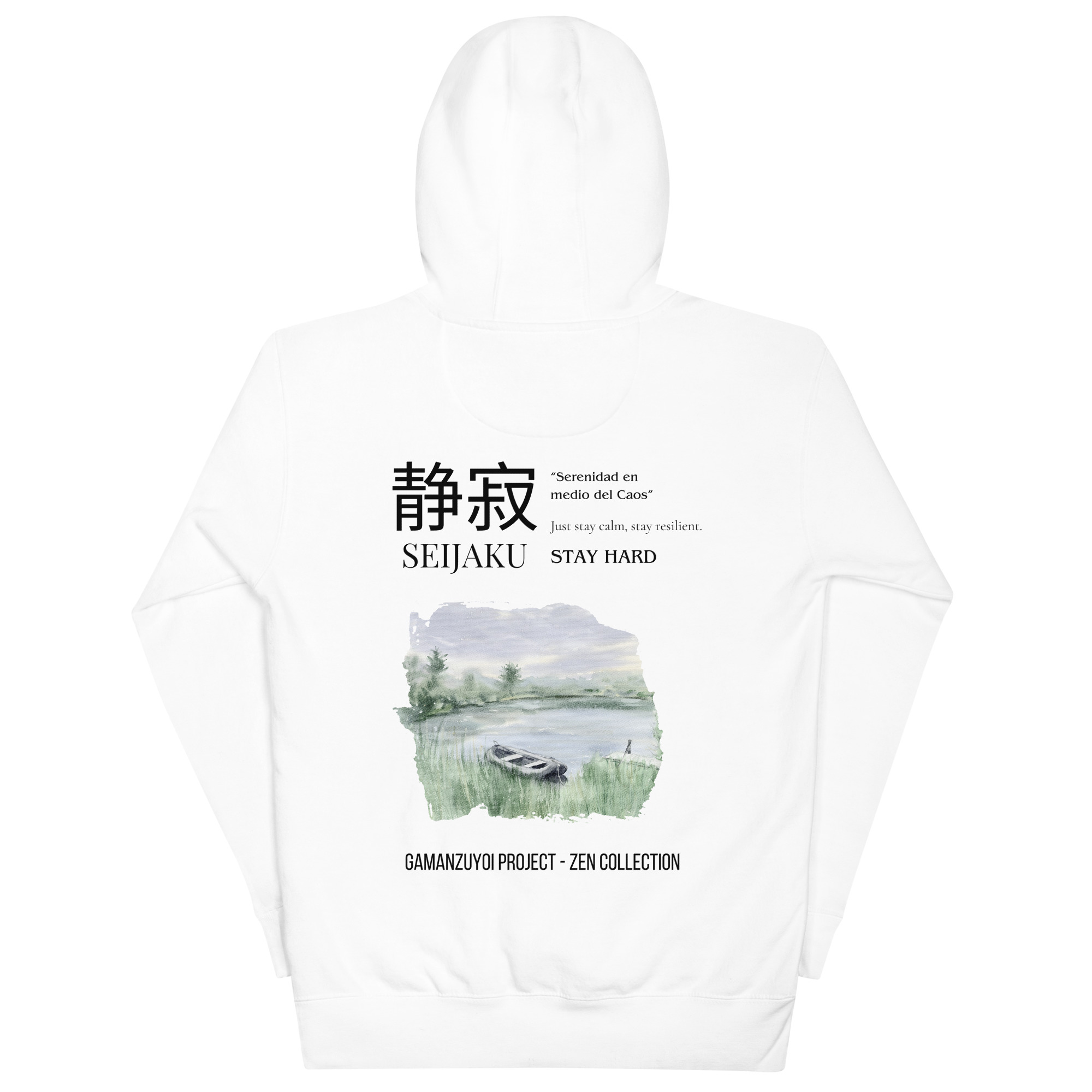 Sudadera con capucha Seijaku de GamanZuyoi Zen Collection color blanco parte trasera