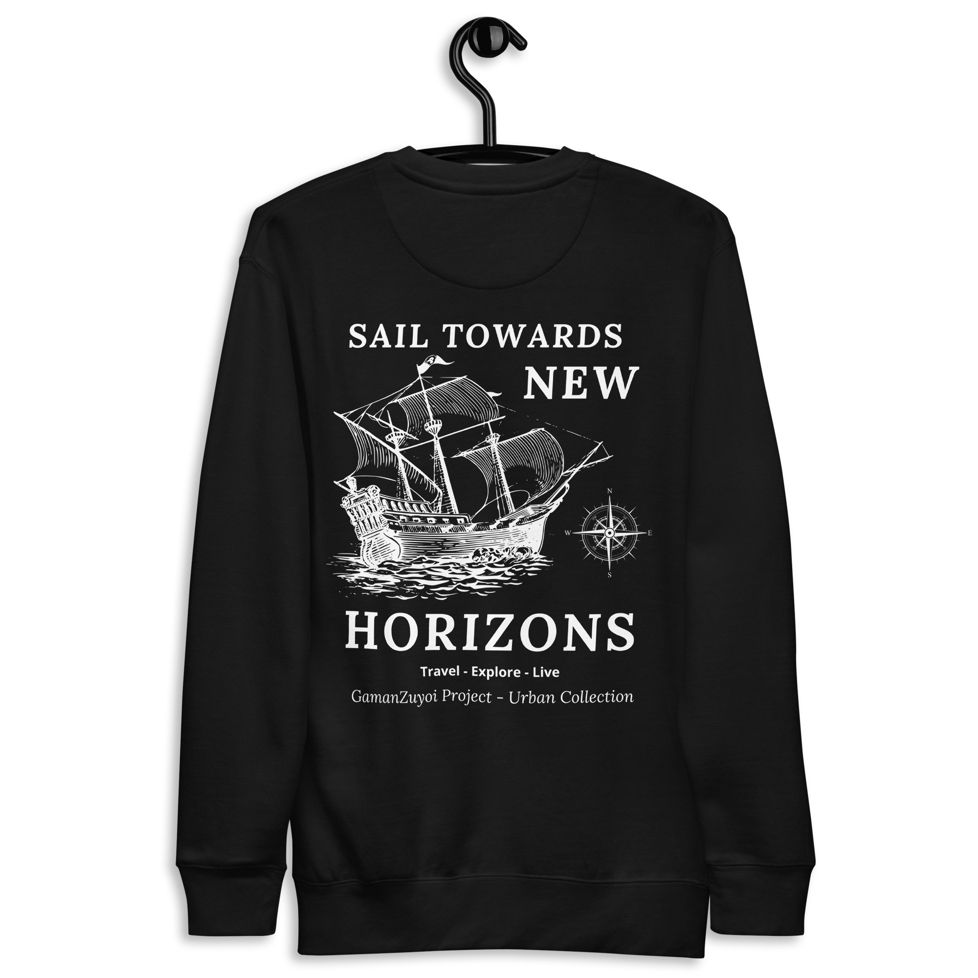 Sudadera sin capucha modelo New Horizons de GamanZuyoi Urban Collection color negro parte trasera