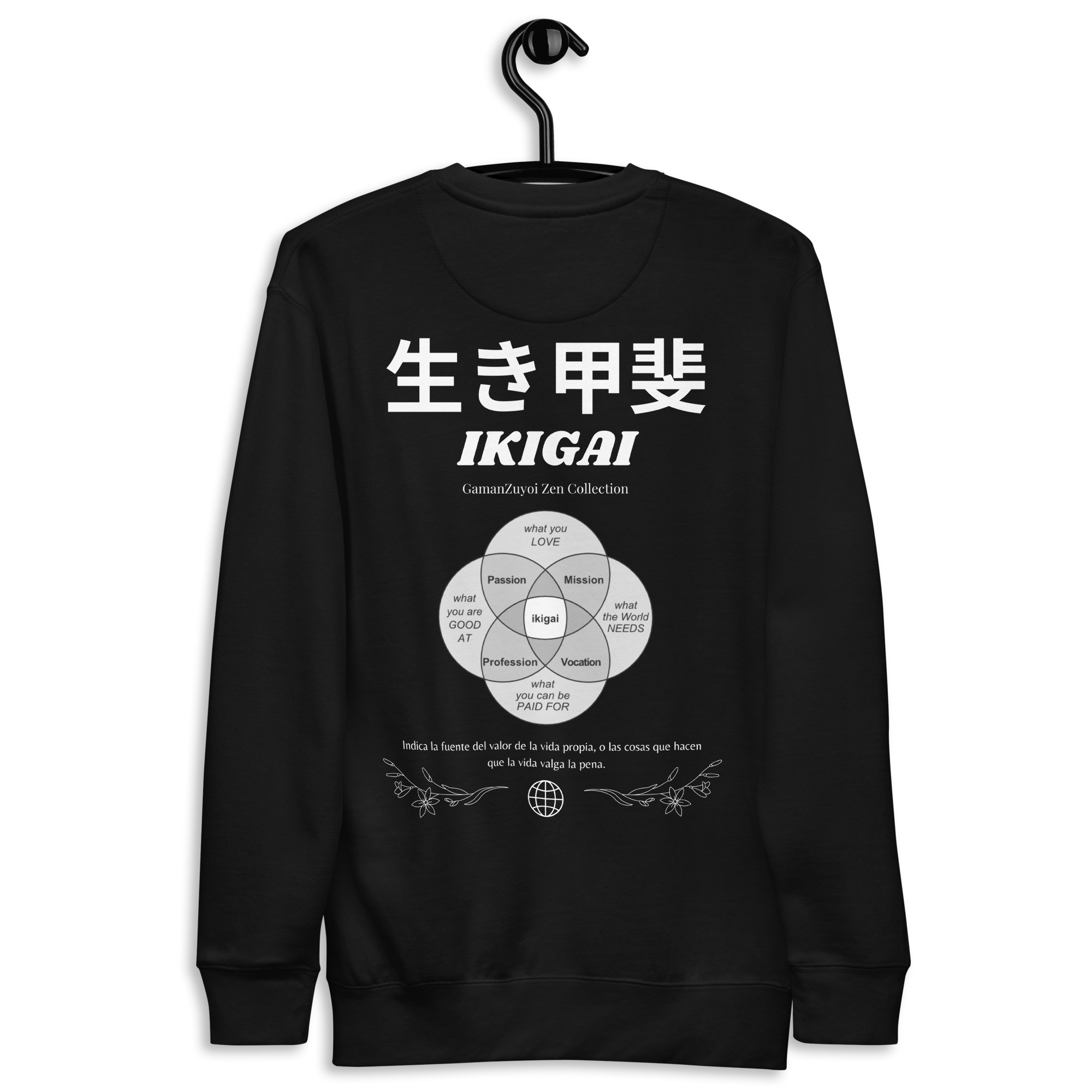 Sudadera sin capucha Ikigai de GamanZuyoi Zen Collection color negro parte trasera