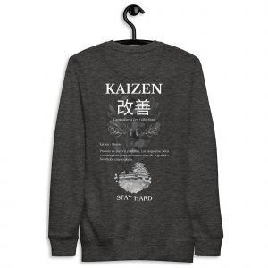 Sudadera sin capucha Kaizen de GamanZuyoi Zen Collection color gris jaspeado parte trasera
