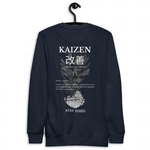 Sudadera sin capucha Kaizen de GamanZuyoi Zen Collection color azul marino parte trasera