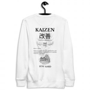 Sudadera sin capucha Kaizen de GamanZuyoi Zen Collection color blanco parte trasera