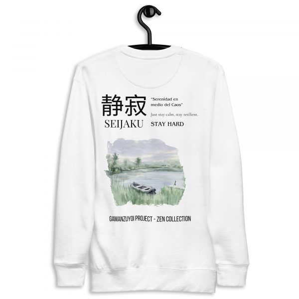 Sudadera sin capucha Seijaku de GamanZuyoi Zen Collection color blanco parte trasera