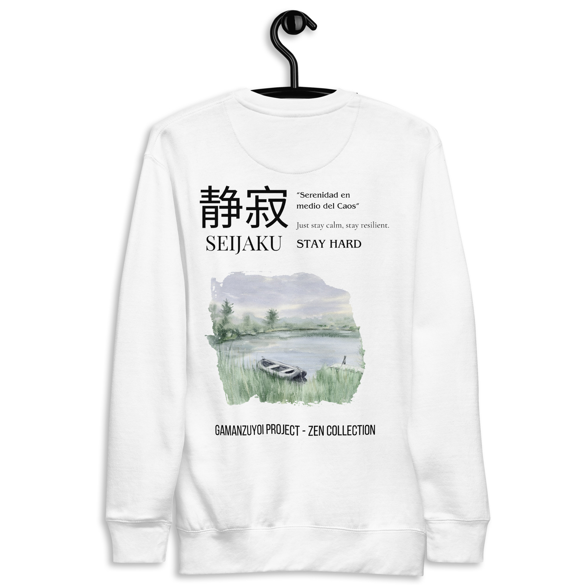 Sudadera sin capucha Seijaku de GamanZuyoi Zen Collection color blanco parte trasera