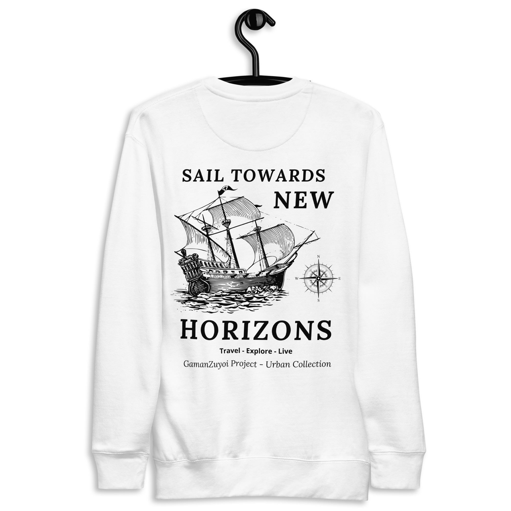 Sudadera sin capucha modelo New Horizons de GamanZuyoi Urban Collection color blanco parte trasera