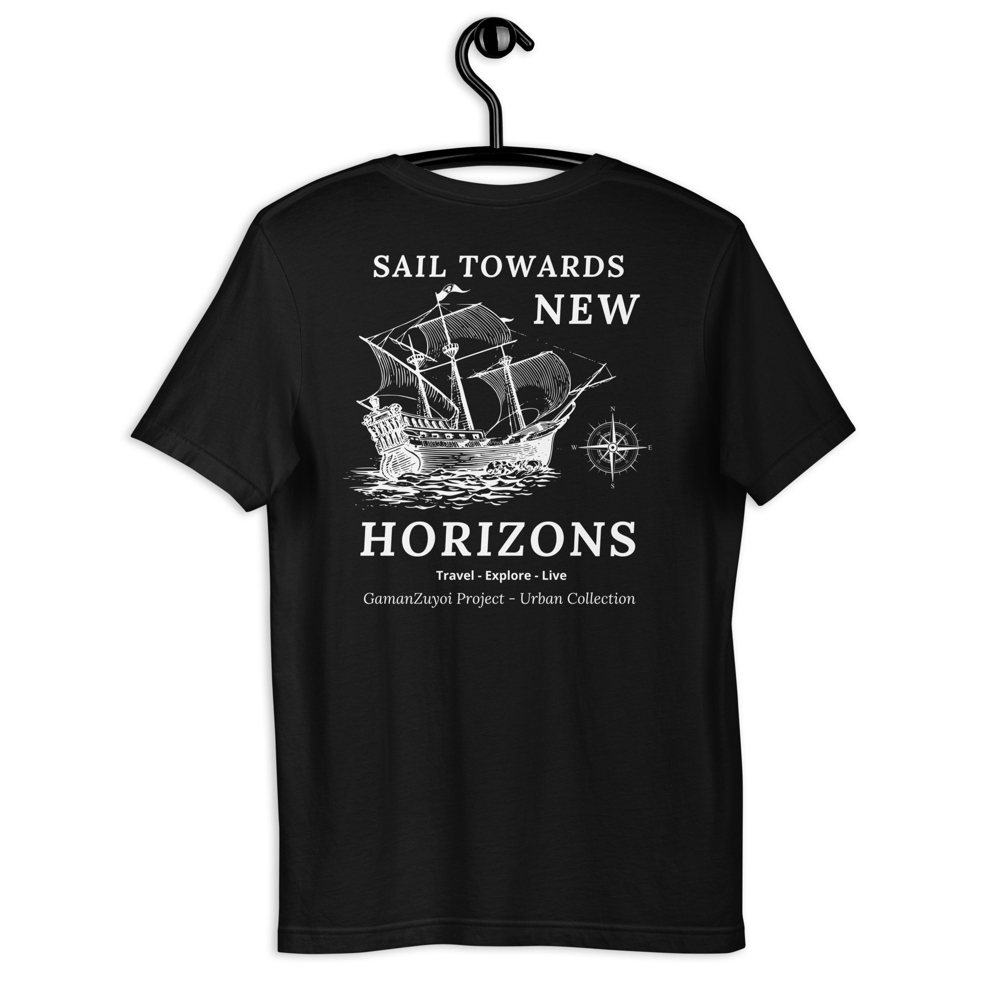 Camiseta de manga corta modelo New Horizons de GamanZuyoi Urban Collection color negro parte trasera