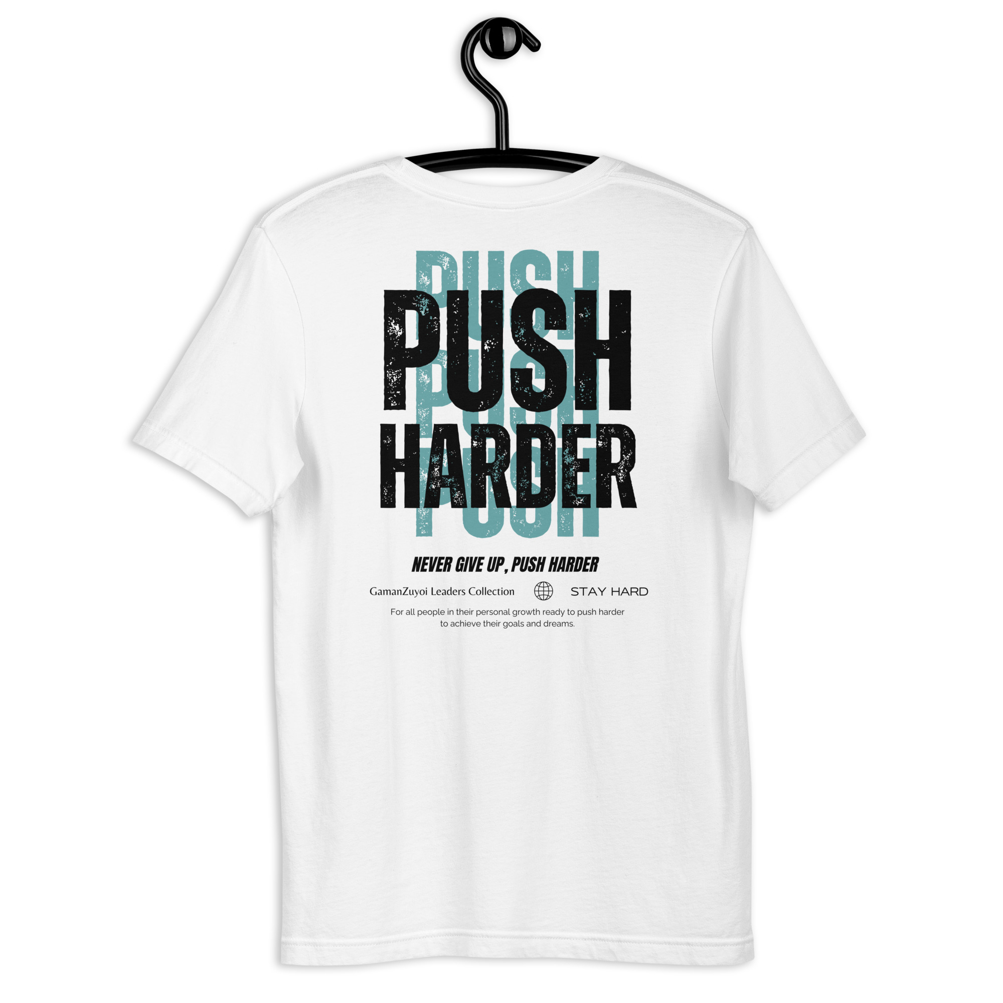 Camiseta de manga corta Push Harder de GamanZuyoi Leader's Collection color blanco parte trasera