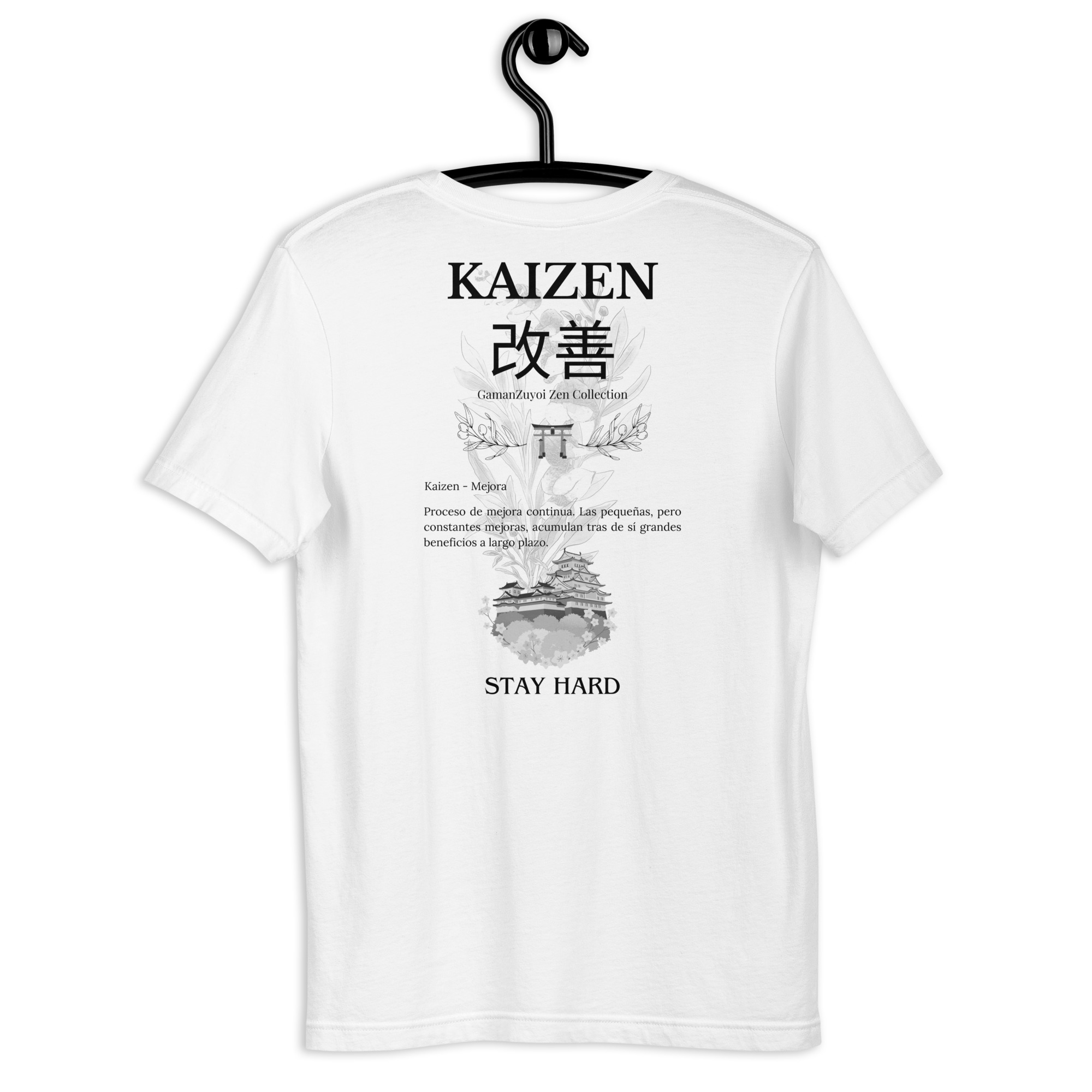Camiseta de manga corta moldelo Kaizen de GamanZuyoi Zen Collection color blanco parte trasera