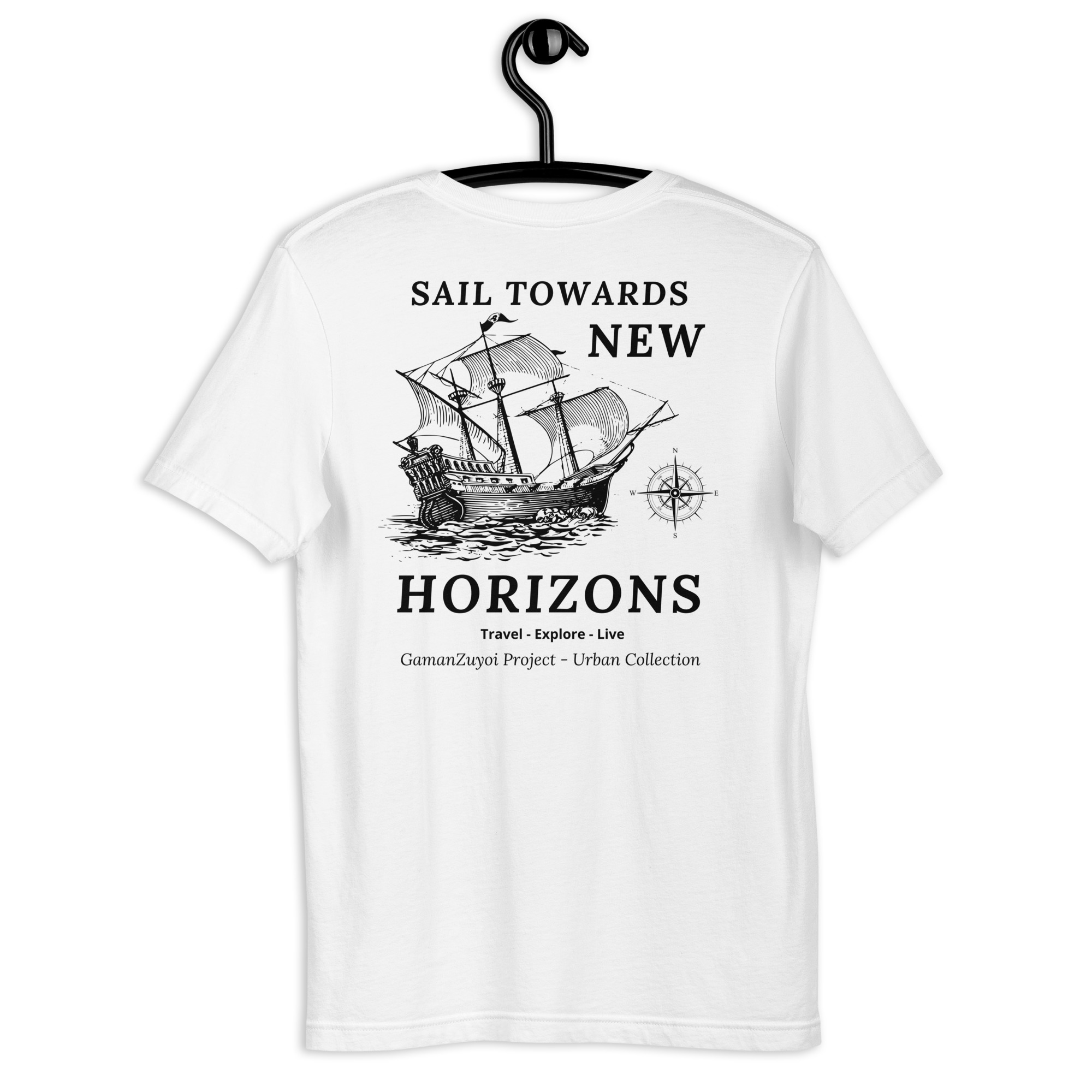Camiseta de manga corta modelo New Horizons de GamanZuyoi Urban Collection color blanco parte trasera