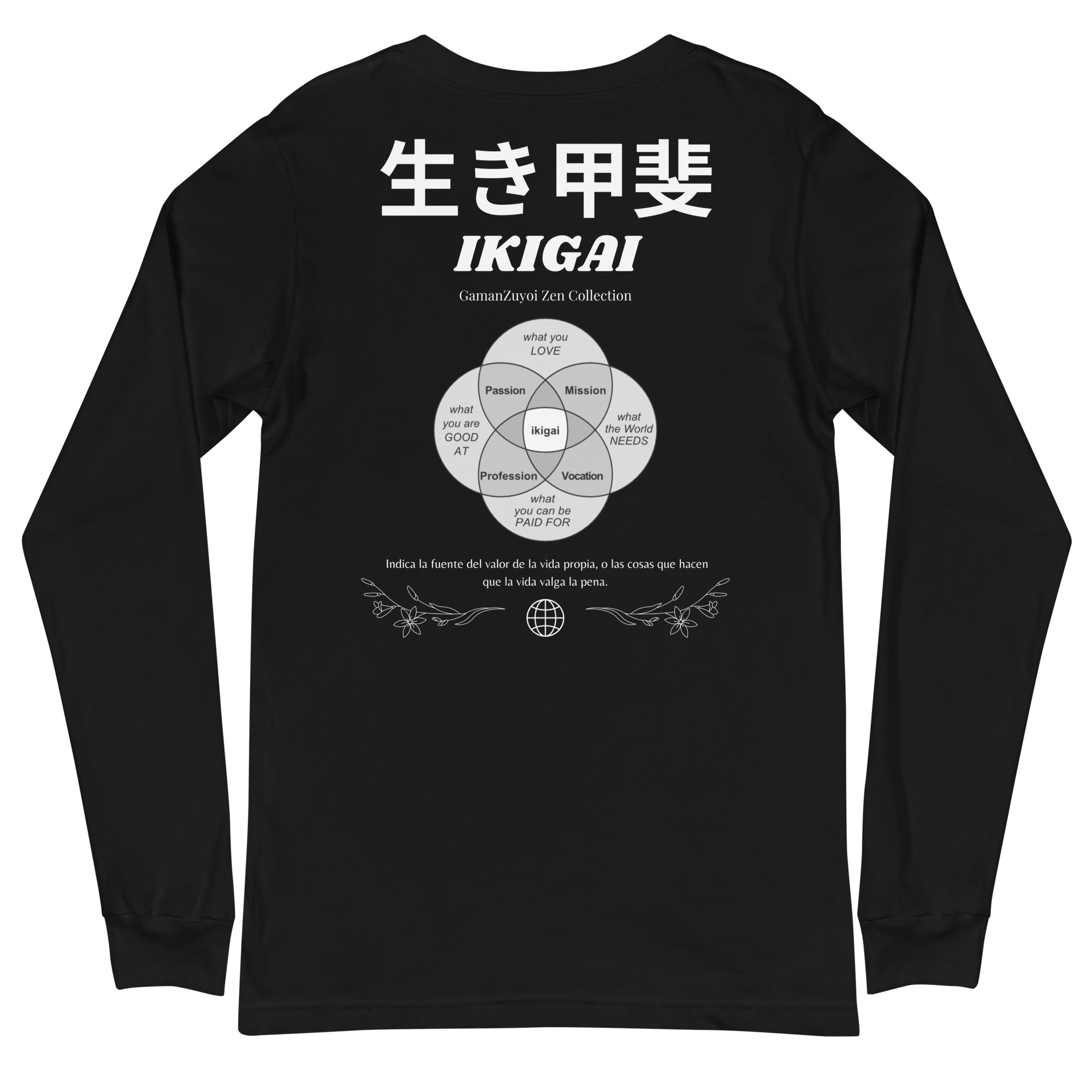 Camiseta manga larga modelo Ikigai de GamanZuyoi Zen Collection color negro parte trasera