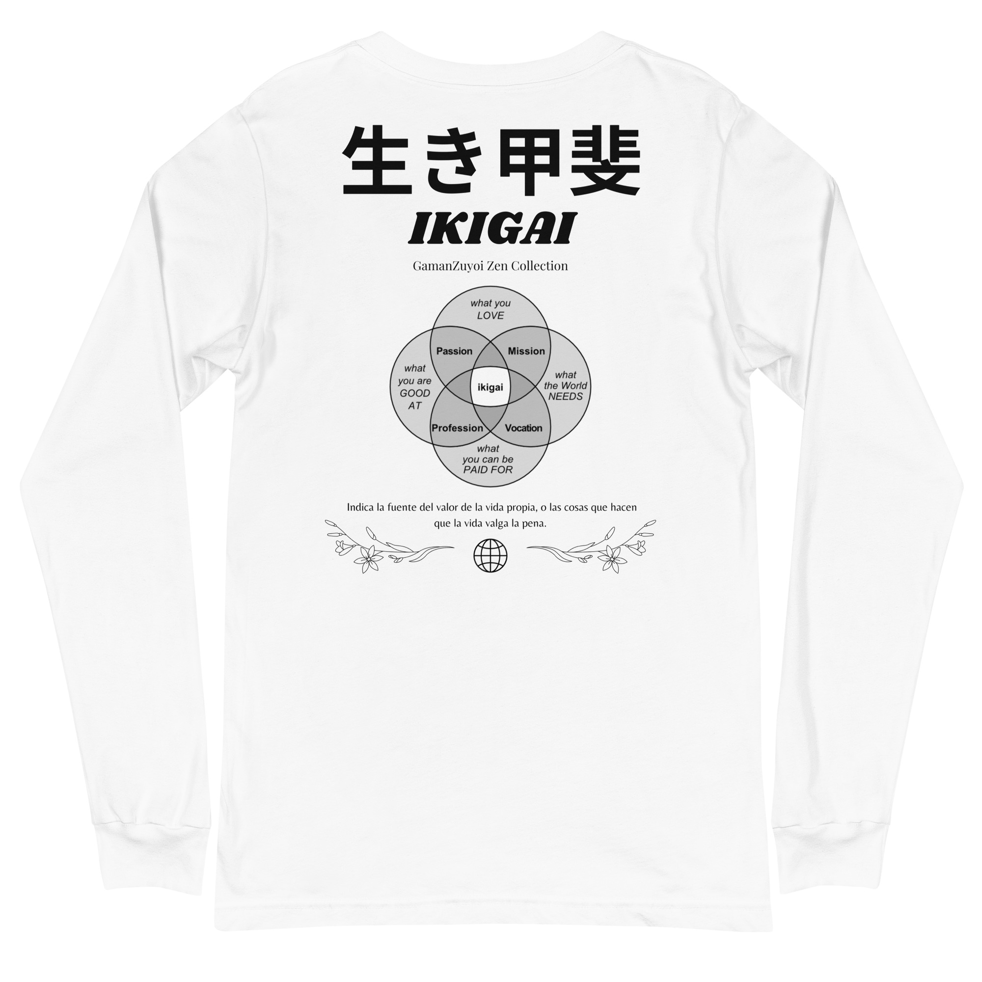 Camiseta manga larga modelo Ikigai de GamanZuyoi Zen Collection color blanco parte trasera