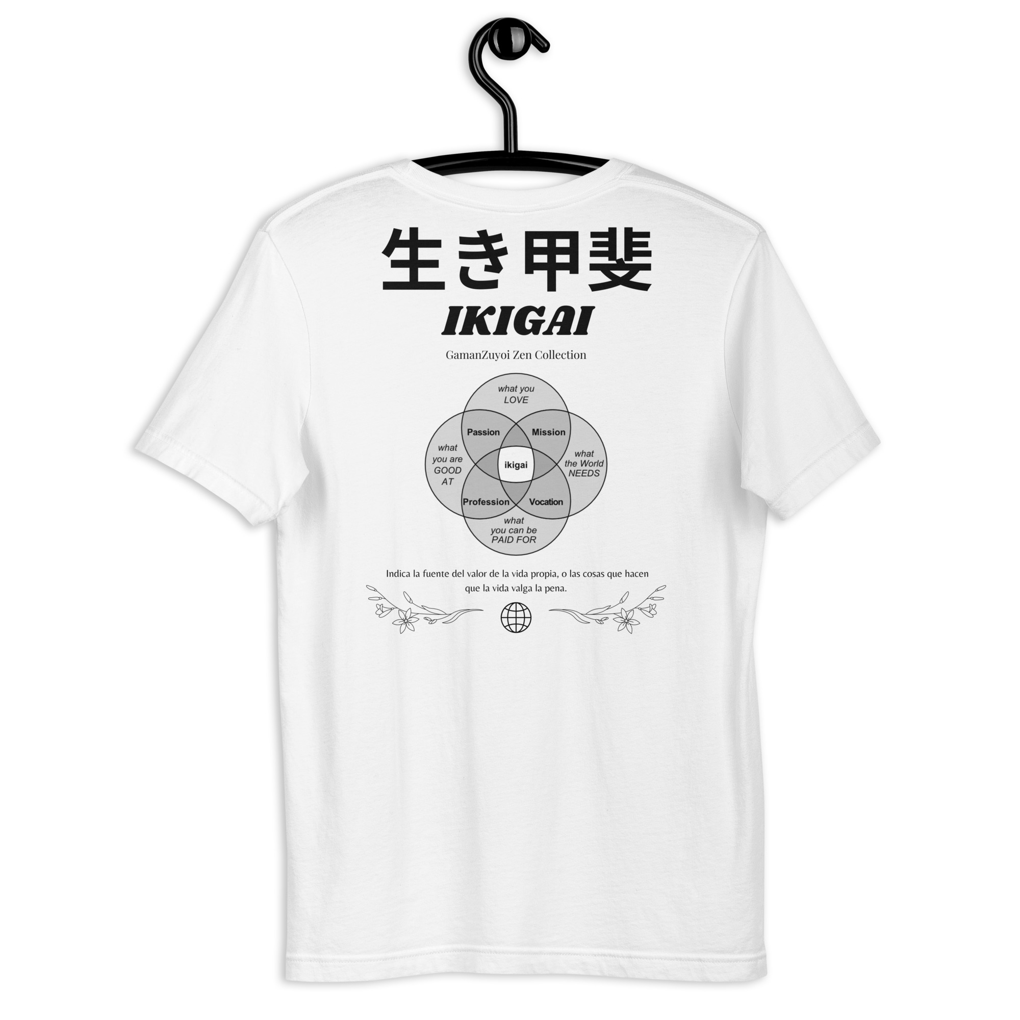 Camiseta manga corta modelo Ikigai de GamanZuyoi Zen Collection color blanco parte trasera